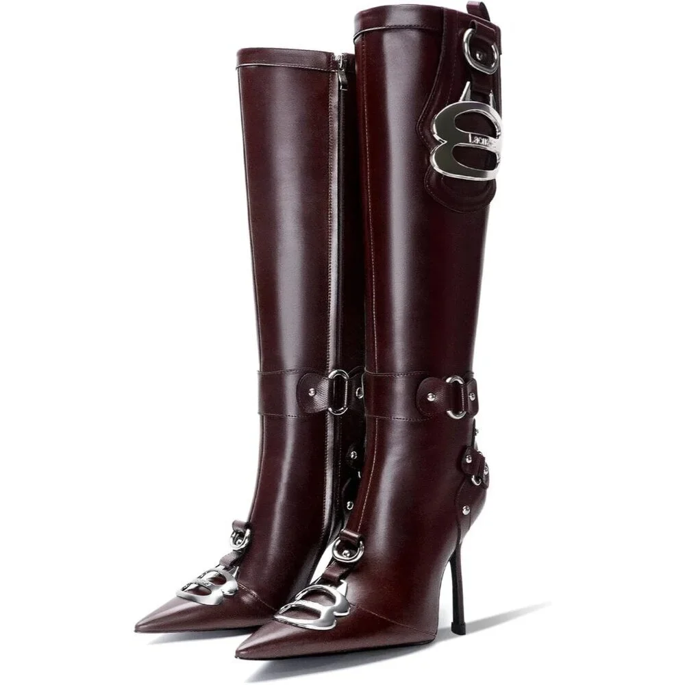 Women's Burgundy Pointed Toe Slim Calf Sexy Stiletto High Heel Long Tall Boots